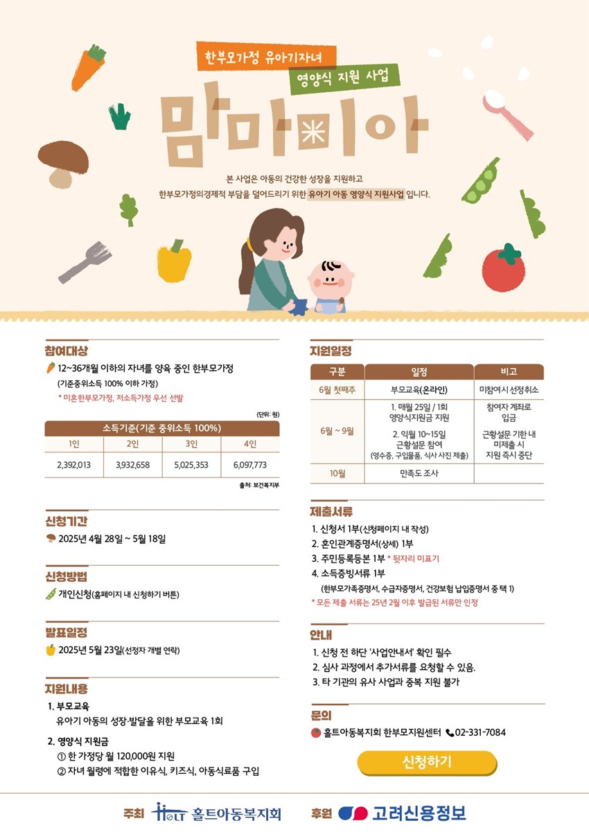 1.한부모가정 유아기 자녀 영양식지원사업 '맘마미아' 신청 안내